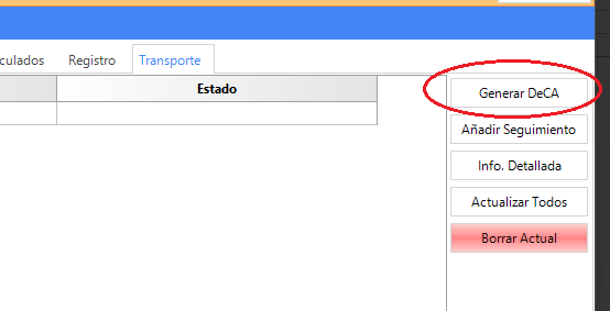 Opción Generar DeCA en la pestaña Transporte de un documento