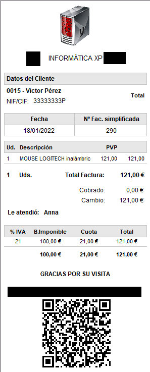 Ticket de ejemplo con código QR para consultar la factura