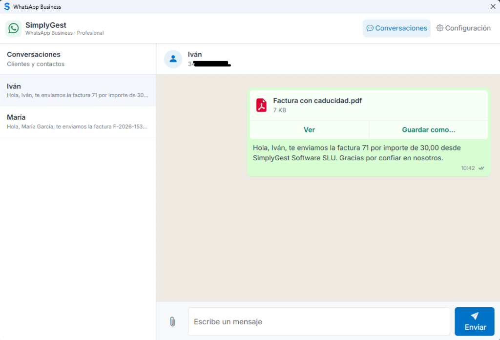 Conversaciones de WhatsApp Business en SimplyGest; teléfonos ocultos