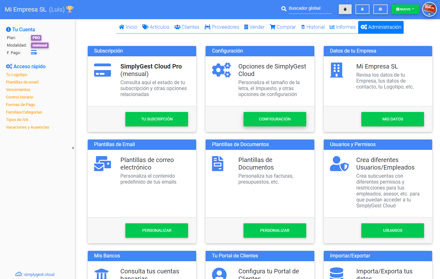 Panel de configuración intuitivo